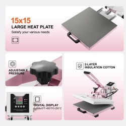 Lämpöprässi 38 x 38 cm liukukelkallinen tekstiilisiirtoihin pinkki