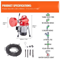 Sähkökäyttöinen viemärinavauskone 250 watin 7 leikkuupäätä teräskaapeleilla 1,6–4 tuuman putkille