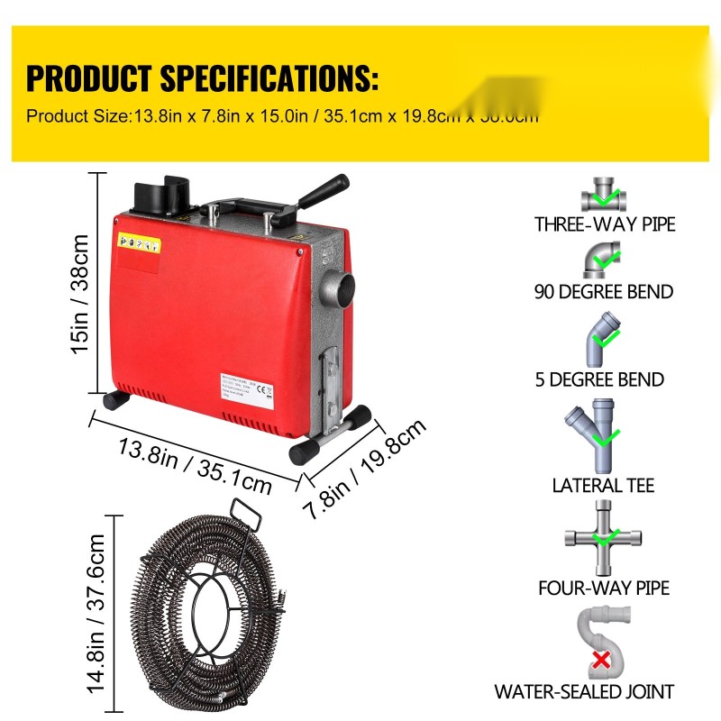 Sähköinen viemärinpuhdistaja 250W mangaaniteräksinen jousi kaksi spiraalia 20–100 mm putkille