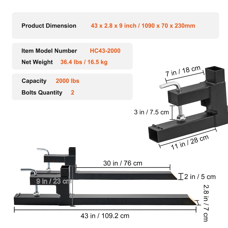 Trukkipiikit kauhaan kiinnitettävät 907 kg kantavuus 760 mm piikin pituus