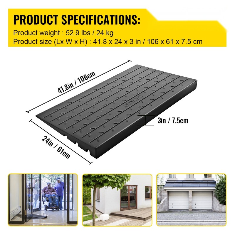 Kynnysramppi kierrätetystä kumista 7,5 senttimetriä nousu 3 kaapelikanavaa 1000 kilogramman kantavuus pyörätuolille