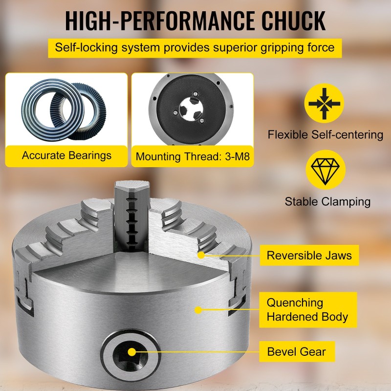 3-leukainen itsekeskittyvä sorvin istukka valurautarunko 125 mm karkaistut teräsleuat