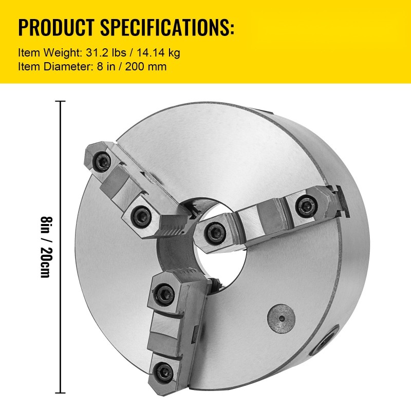 Sorvin istukka 3-leukainen 200 mm karkaistu teräs itse-keskittyvä käännettävillä leuoilla