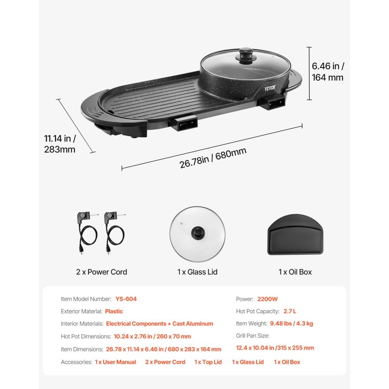 Sähköinen keitto- ja grilliyhdistelmä 2200W 2,7 l tarttumaton erillisillä säädöillä