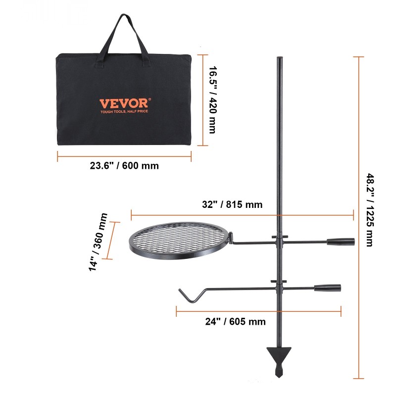 Kääntyvä teräs nuotiogrilli ulkokäyttöön säädettävällä korkeudella 815x360x1225 mm 6 kg kantokyky