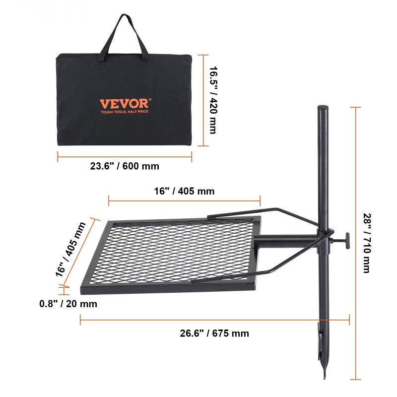 Nuotiogrilli teräs säädettävä kääntyvä ritilä ulkokäyttöön 675x405x710 mm
