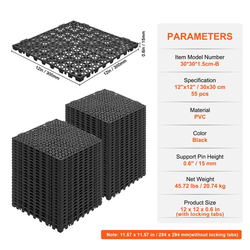 Lukittuvat PVC-kuivatusmatot 55 kpl 30 x 30 cm musta kosteisiin tiloihin
