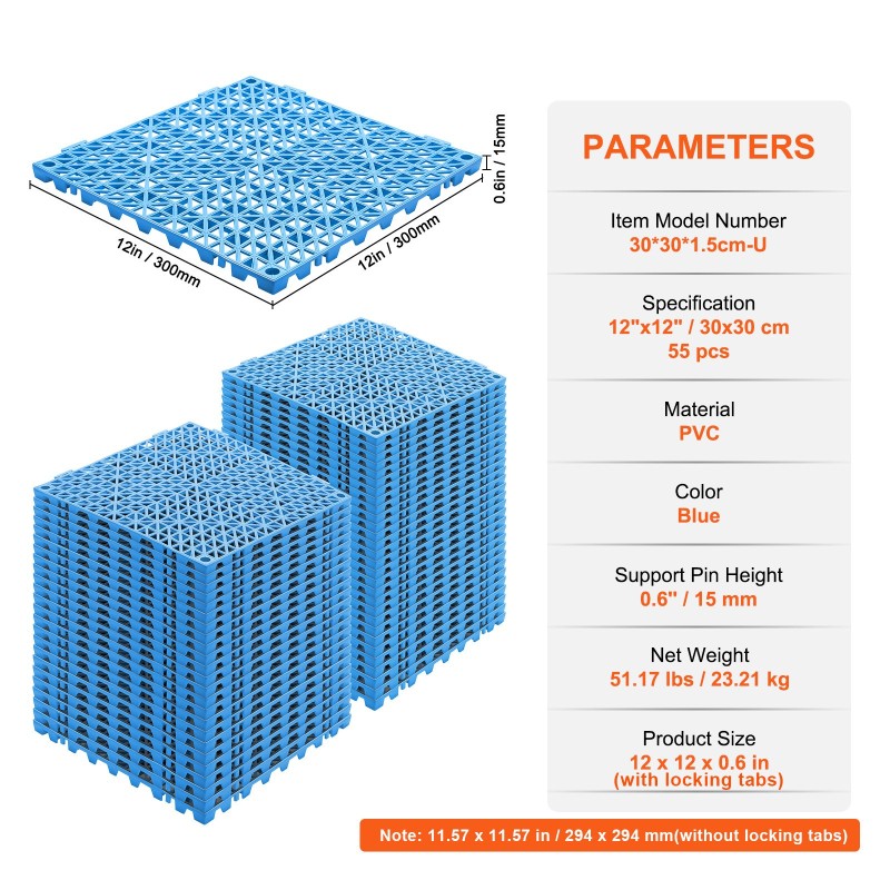 Kuivatusmatot pehmeä PVC 55 kpl 30 x 30 cm sininen