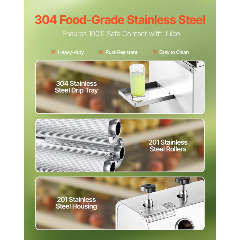 Sokeriruokomehupuristin sähköinen ruostumatonta terästä seitsemänsataaviisikymmentä wattia kolme telarullaa kolmesataa