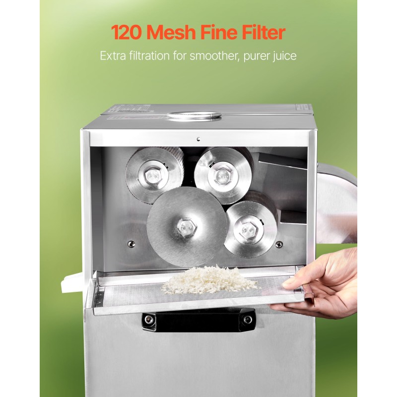 Sokeriruokopuristin 800 wattia 300 kiloa tunnissa neljä ruostumatonta rullaa