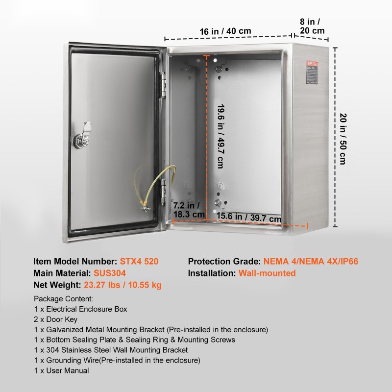 Sähkökotelo SUS304-ruostumaton seinäkiinnitteinen 50 x 40 x 20 cm IP66