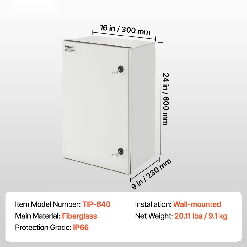 Sähkökotelo SMC-lasikuituvahvisteinen 60x40x23 cm IP66 lukollinen ulko- ja sisäkäyttöön