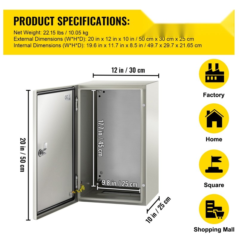 Sähkökotelo hiiliteräs 50 x 30 x 25 cm IP66-suojattu lukittava sinkitty taustalevy