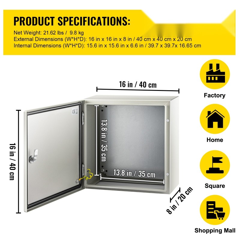 Sähkökotelo teräs 40x40x20 cm IP66 lukittava galvanoidulla kiinnityslevyllä