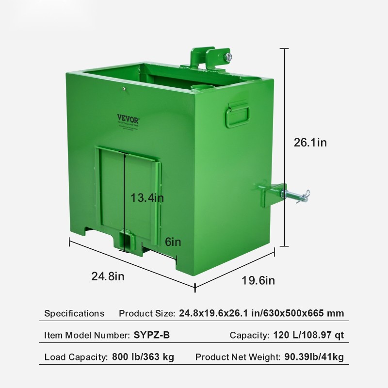Ballastilaatikko traktorille raskasta terästä 5 kuutiojalkaa 363 kiloa luokan 1 3-pistekiinnitykseen