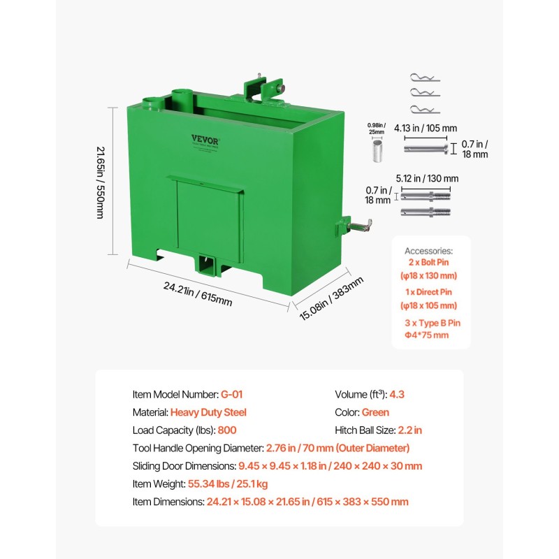 Traktorin ballastilaatikko 3-pisteinen kategoria 1 teräs 800 paunaa 2-tuumainen vetokoukku