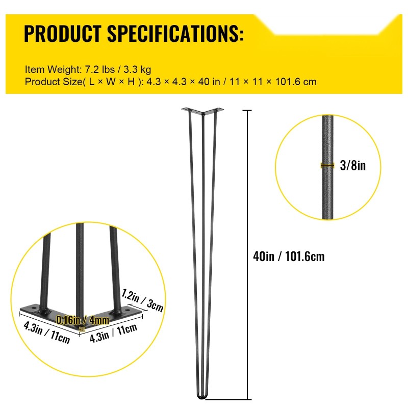 Hiusneulapöydän jalat 101,6 senttimetriä neljän kappaleen sarja hiiliteräs musta kolmitankoiset