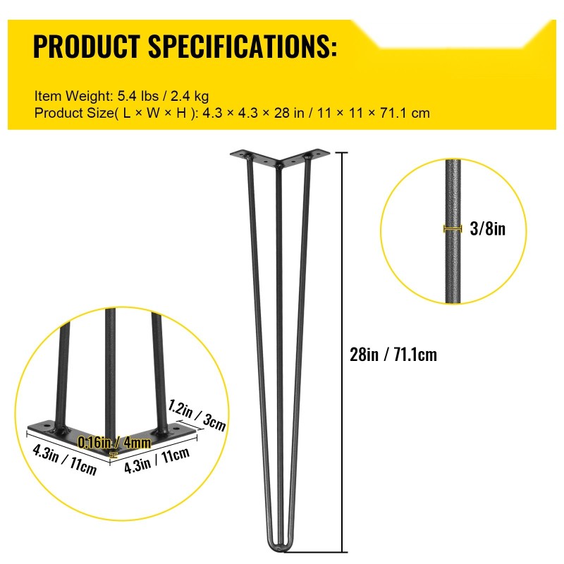 Pöydänjalat hiiliterästä 71,1 cm musta kolmitankoiset 4 kpl kantavuus 100 kg