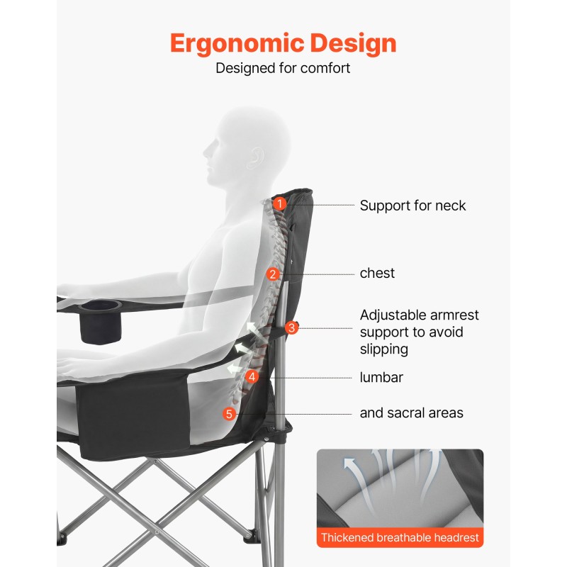 Taitettava retkituoli ulkokäyttöön 600D Oxford kangas pehmustettu istuin teräsrunko sivutaskut 158 kg