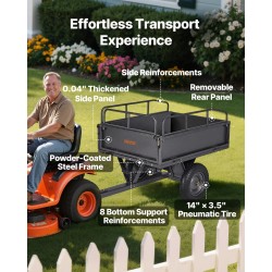 Teräksinen puutarhavaunu 227 kilogramman kantavuus mönkijän ja ruohonleikkurin perään 14 tuuman renkaat