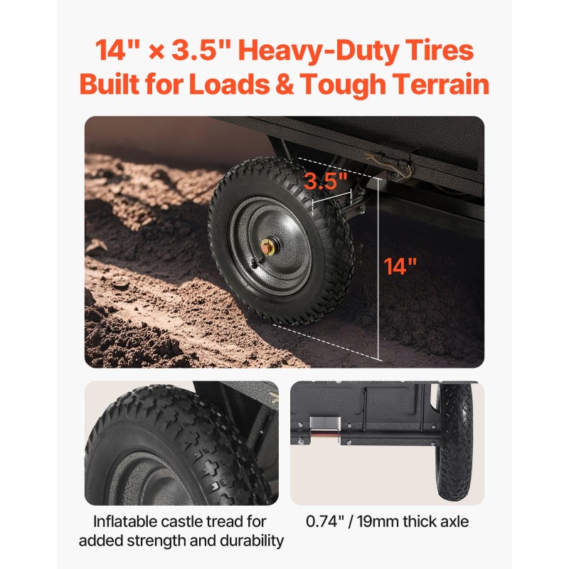 Teräksinen puutarhavaunu 227 kilogramman kantavuus mönkijän ja ruohonleikkurin perään 14 tuuman renkaat