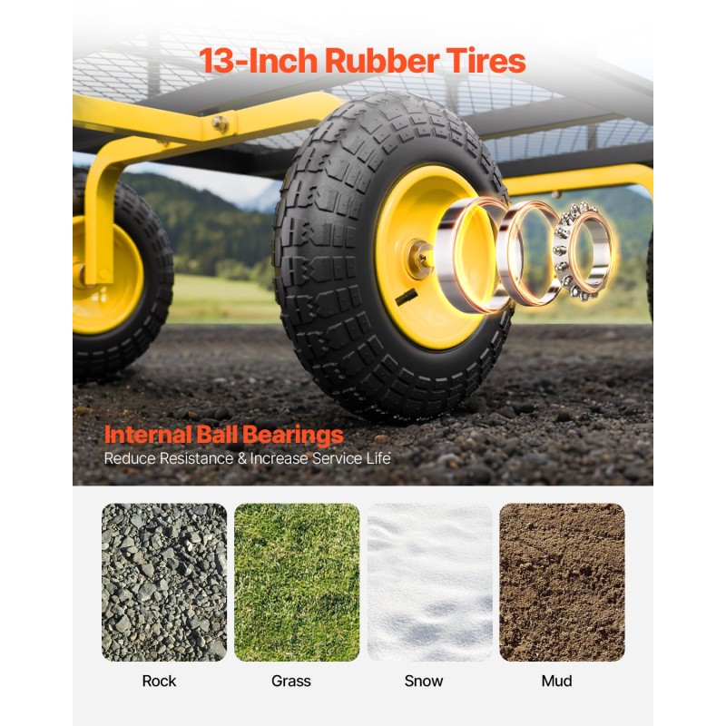 Teräksinen puutarhavaunu 635kg kantavuus irrotettavat verkkolaidat 13-tuumaiset maastorenkaat 180-asteinen aisa