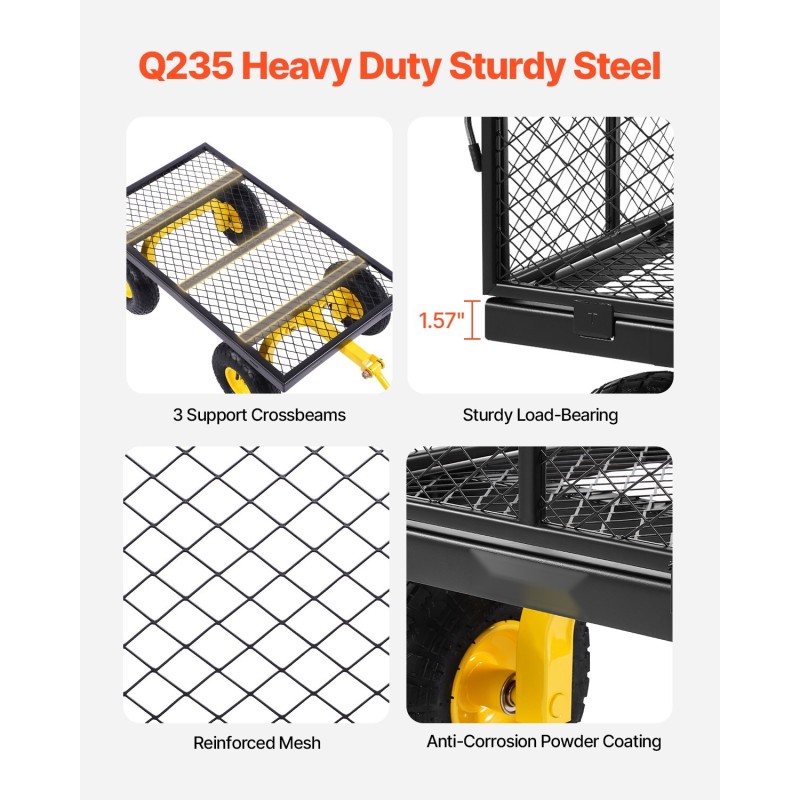 Teräksinen puutarhavaunu 408 kg kantavuus irrotettavat verkkolaidat 10-tuumaiset kumirenkaat säädettävä kahva