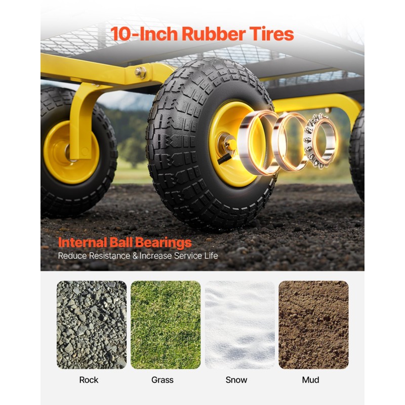 Teräksinen puutarhavaunu 408 kg kantavuus irrotettavat verkkolaidat 10-tuumaiset kumirenkaat säädettävä kahva