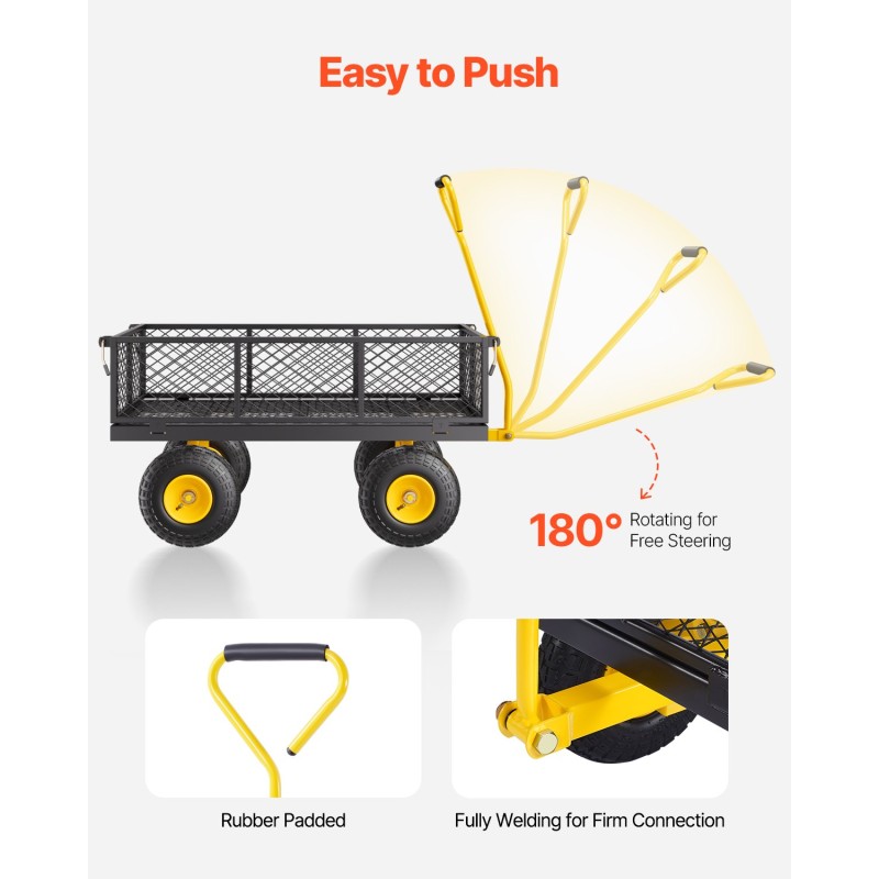 Teräksinen puutarhavaunu 408 kg kantavuus irrotettavat verkkolaidat 10-tuumaiset kumirenkaat säädettävä kahva