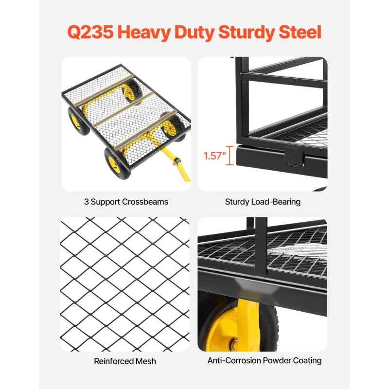 Teräksinen puutarhavaunu 544 kg kantavuus 13-tuumaisilla maastorenkailla irrotettavilla verkkosivuilla kaksoiskäyttöisellä