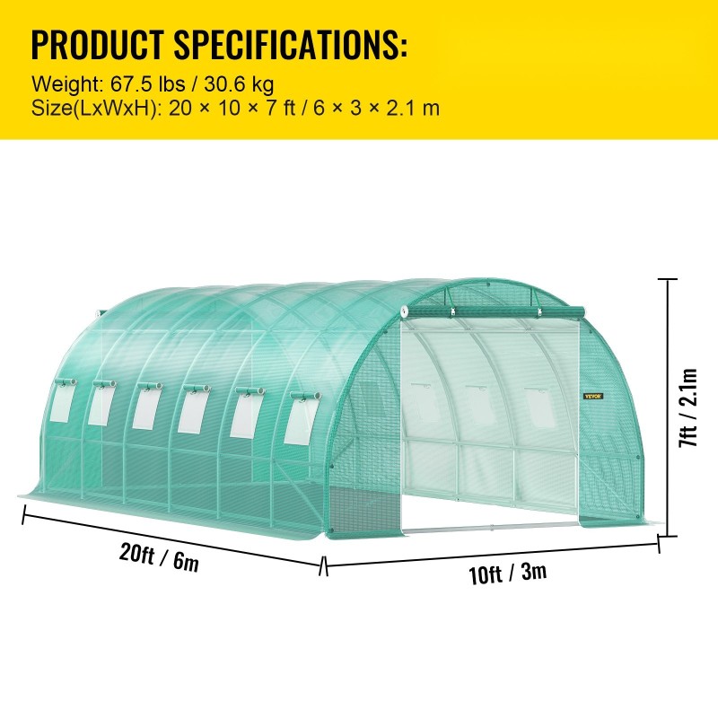 Tunnelikasvihuone galvanoitu teräsrunko PE-peite 6,1×3×2,1 m 2 vetoketjullista ovea 12 verkkokaihdinikkunaa