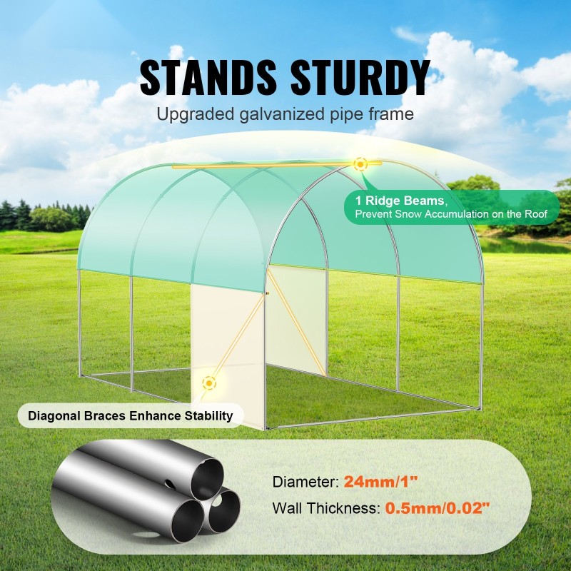 Käveltävä tunnelikasvihuone galvanoitu teräsrunko vihreä PE-peite 292×196×190 cm 6 verkkoikkunaa rullattava vetoketjuovi