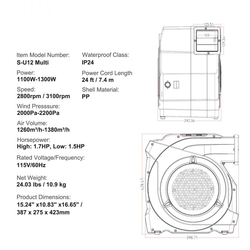 Sähköinen ilmapuhallin 1100 wattia pomppulinnoille ja vesiliukumäille