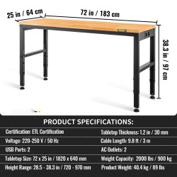 Korkeussäädettävä työpöytä tammivaneritasolla teräsrunko korkeus 72–97 cm 900 kg kantavuus