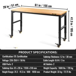 Säädettävä työpöytä tammitaso teräsrunko 155 x 51 cm korkeus 80–105 cm virtalista
