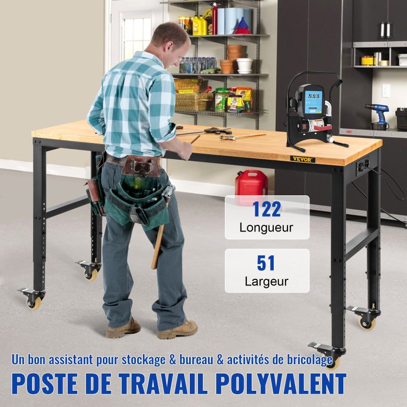 Säädettävä työpöytä tammitasolla 122 cm leveä 51 cm syvä 79–104 cm korkeus