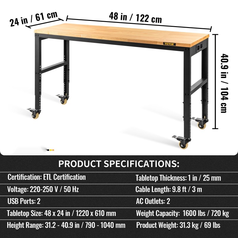 Korkeussäädettävä työpöytä tammitaso 122 x 61 cm 79–104 cm 720 kg
