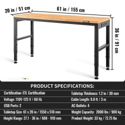 Säädettävä työpöytä tammilauta 154,9x50,8 cm teräsrunko 688–910 mm integroitu virtapaneeli