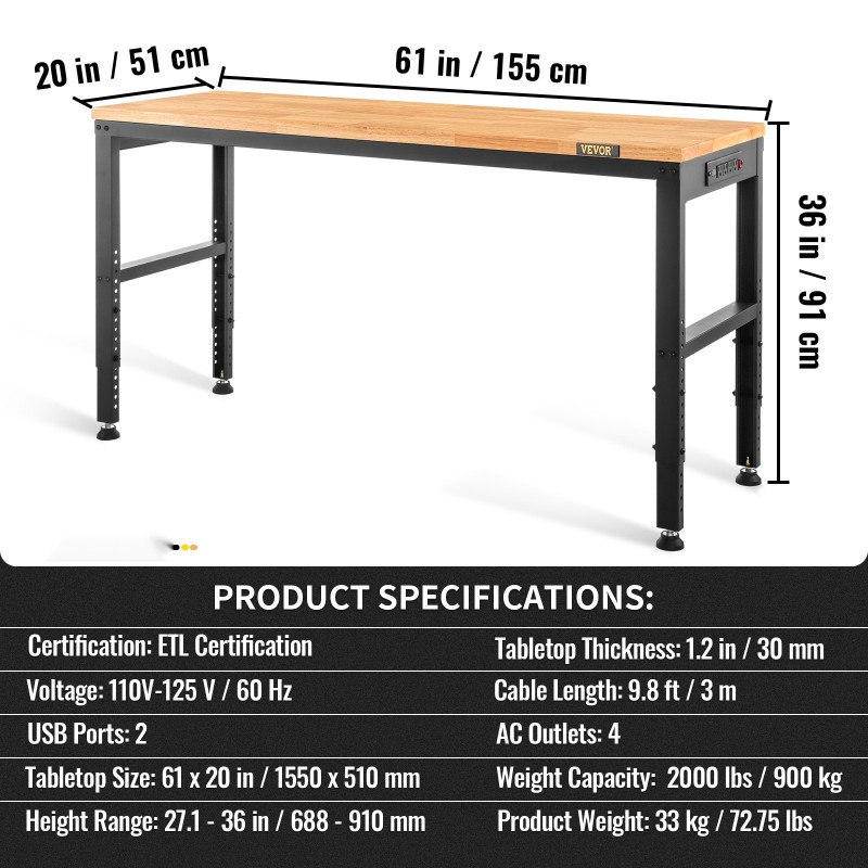 Säädettävä työpöytä tammilauta 154,9x50,8 cm teräsrunko 688–910 mm integroitu virtapaneeli
