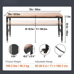 Korkeussäädettävä työpöytä massiivipuinen tammityötaso hiiliteräsrunko 1829 x 635 mm