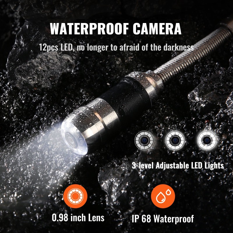 Viemärikamera 7 tuuman näyttö 25 mm 1000TVL IP68 30,5 m työntökaapeli