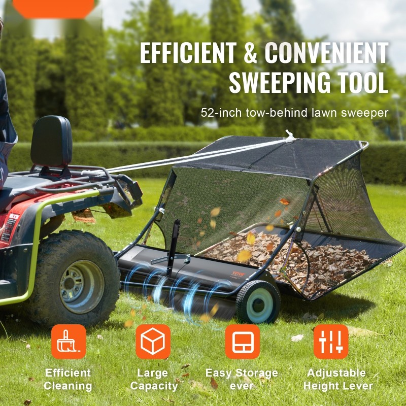 Vedettävä nurmikkoharja 132 cm leveä säädettävä harjauskorkeus 26 kuutiojalkaa keruupussi