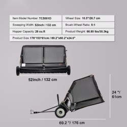 Vedettävä nurmikkoharja 132 cm leveä säädettävä harjauskorkeus 26 kuutiojalkaa keruupussi