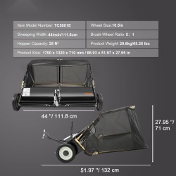 Hinattava nurmikkoharava 44 tuumaa 25 kuutiojalkaa keräyspussi säädettävä harjakorkeus