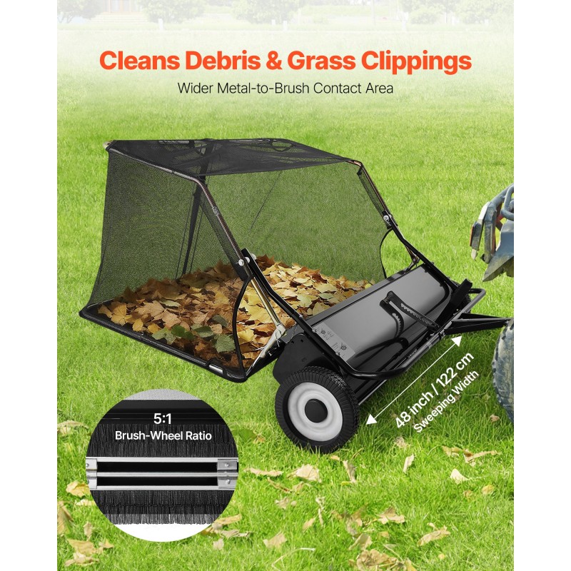 Hinattava nurmikonlakaisin ajoleikkuriin 122 cm lakaisuleveys säädettävä harjakorkeus tilava keräyspussi