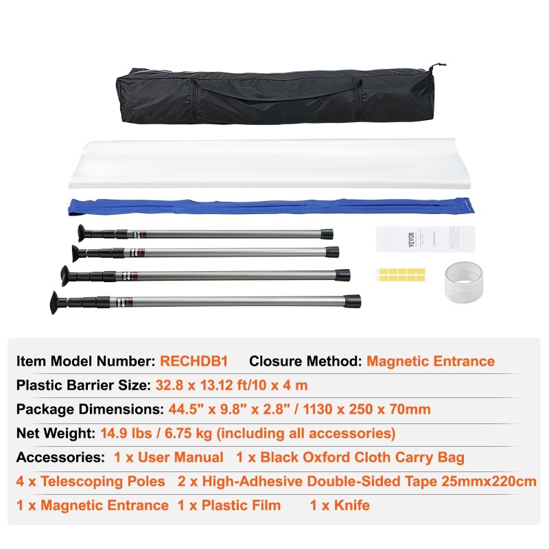Pölysulkusysteemi PE-muovi 0,08mm 10m leveä 4m korkea 4 teleskooppipylvästä magneettivetoketju