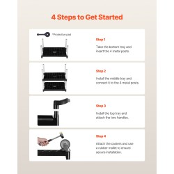 Apukärry muovinen kolmitasoinen 136 kilogramman kantavuudella 360 asteen kääntyvät pyörät kahdella jarrulla