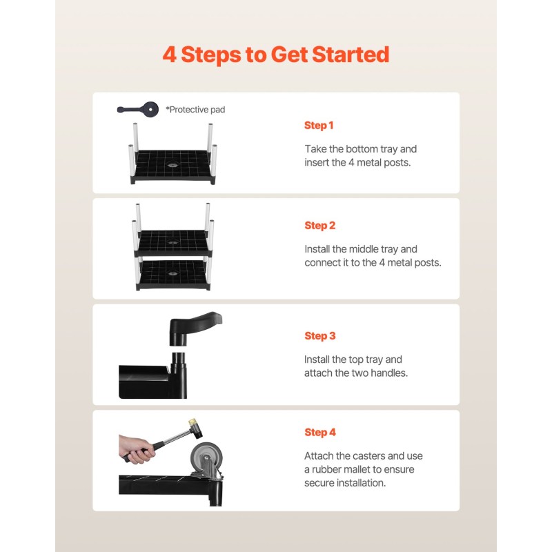 Apukärry muovinen kolmitasoinen 136 kilogramman kantavuudella 360 asteen kääntyvät pyörät kahdella jarrulla