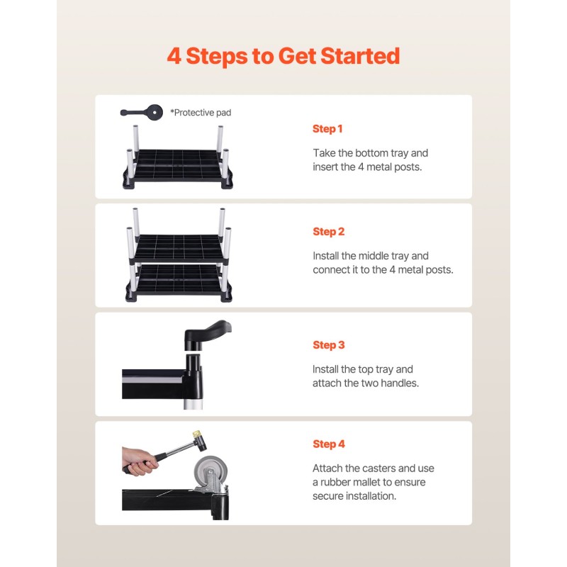 Muovinen 3-tasoinen apukärry kantavuus 226 kg 360 asteen kääntyvät pyörät 2 jarrua