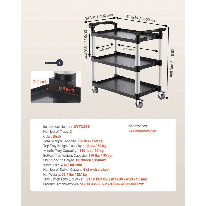 Muovinen 3-tasoinen apukärry kantavuus 226 kg 360 asteen kääntyvät pyörät 2 jarrua